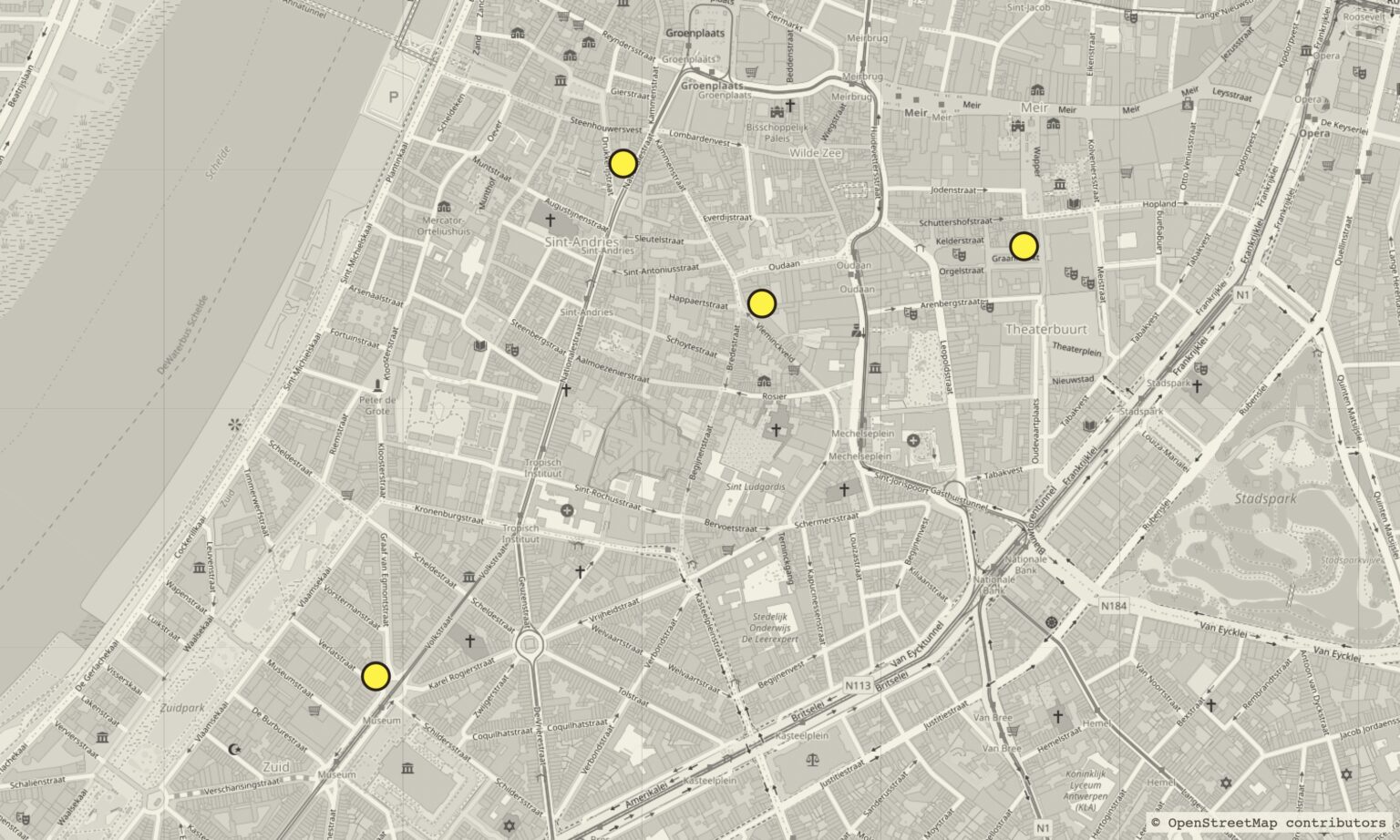 Map of Antwerp with the Nosy stockists: MoMu Shop, KMSKA Shop, St Vincents and Graanmarkt 13
